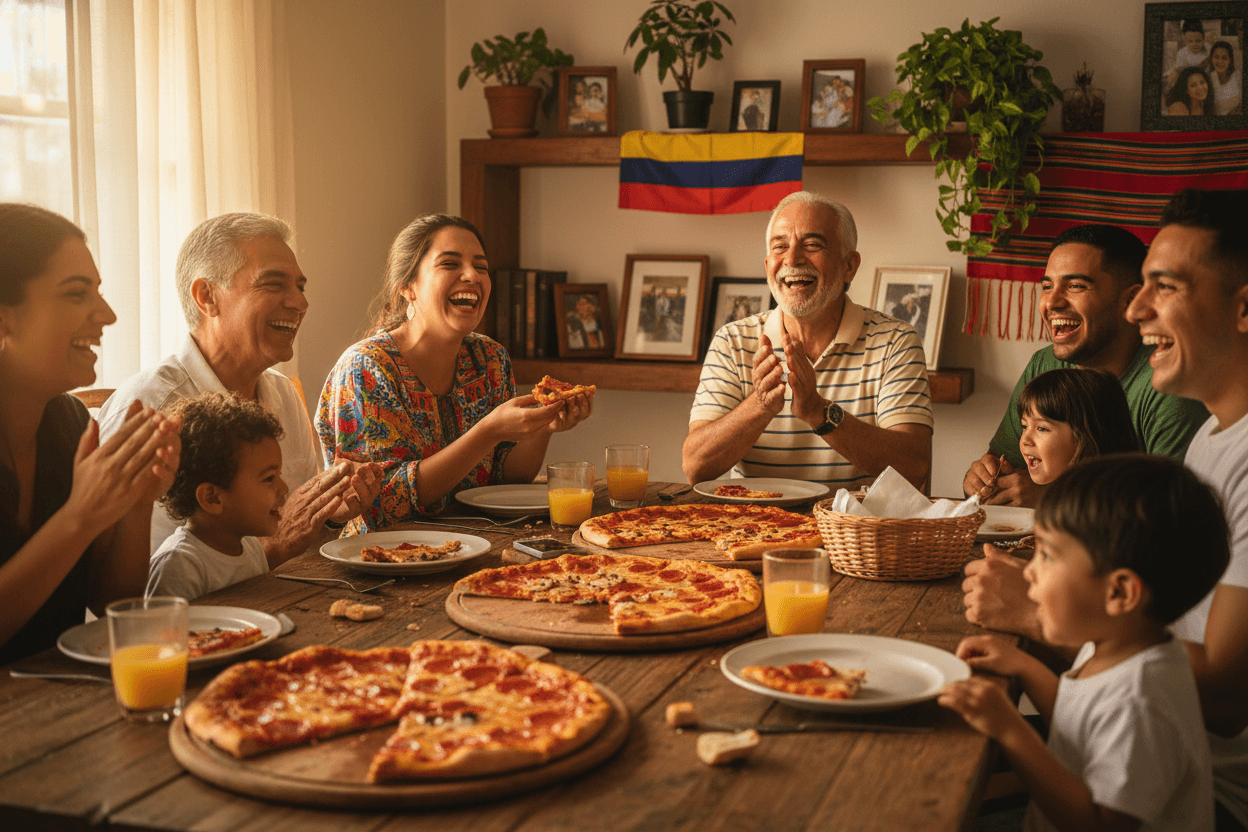 Colombian family sharing pizza and celebrating heritage