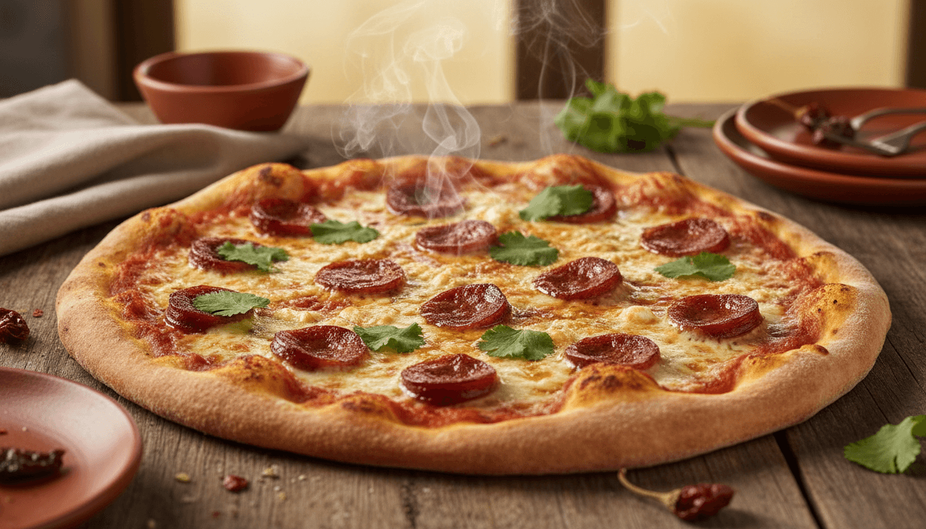 Delicious Colombian-style pizza with melted cheese and chorizo